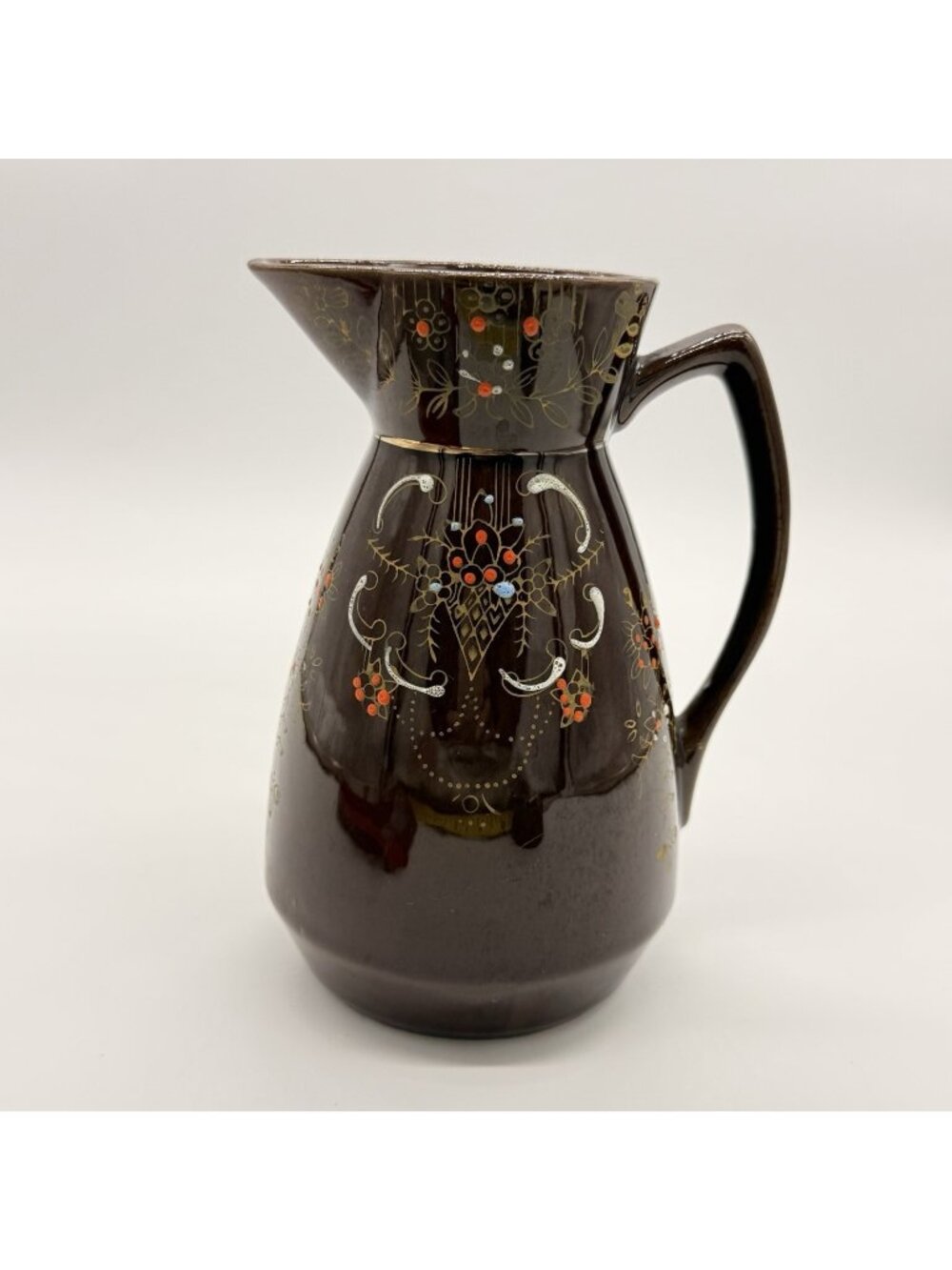 Vintage Japan Redware Moriage Ceramic Pitcher Brown Glaze Gold Floral Design 7.2
